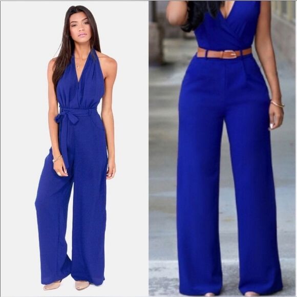 Eva Franco  Anthropologie Cobalt Blue Halter Top Jumpsuit. Size 4 - Picture 1 of 7